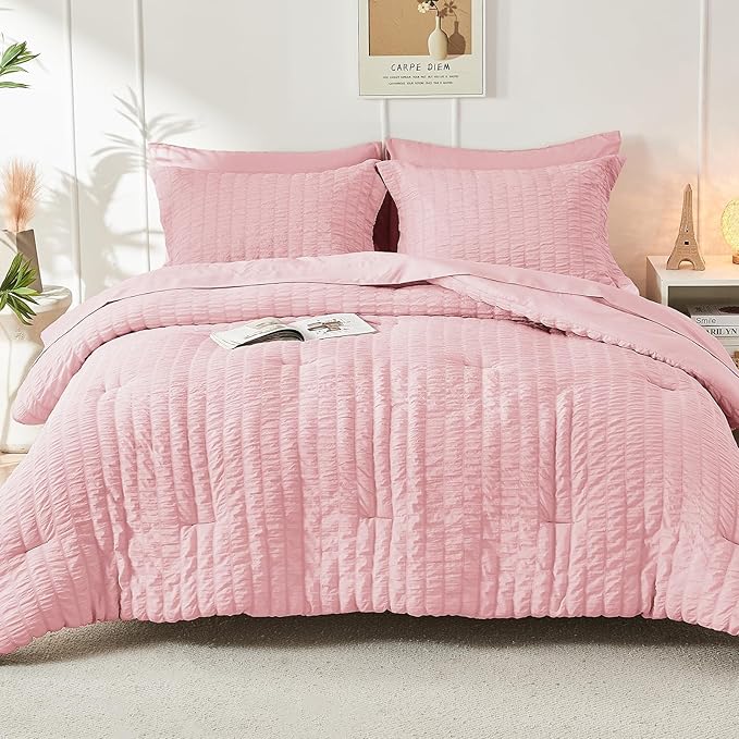 HYMOKEGE Pink Queen Comforter Set Seersucker 7 Pieces, All Season Luxury Bed in a Bag for Bedroom, Bedding Set with Comforters, Sheets, Pillowcases & Shams