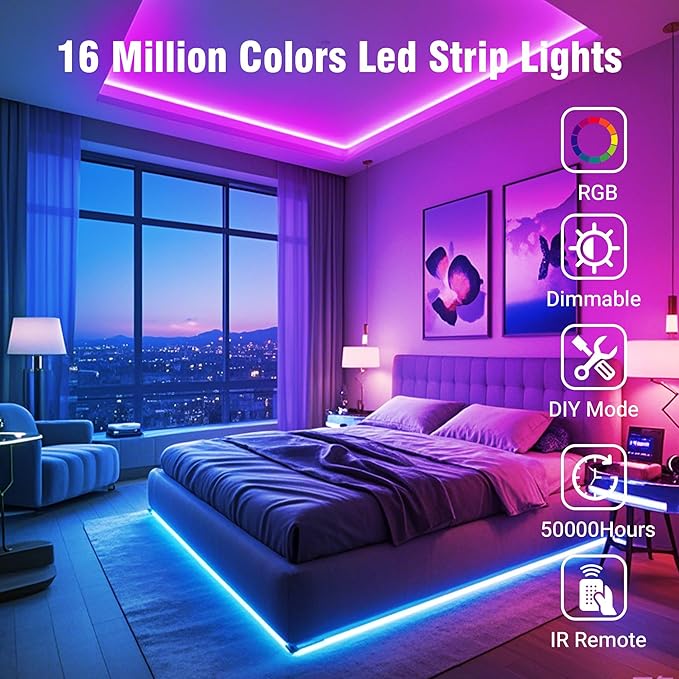 VOLIVO 100ft Led Strip Lights for Bedroom, Color Changing Led Light Strips Kit with 24 Keys IR Remote and Smart App Control, RGB Music Sync Lighting for Room, Home Decor
