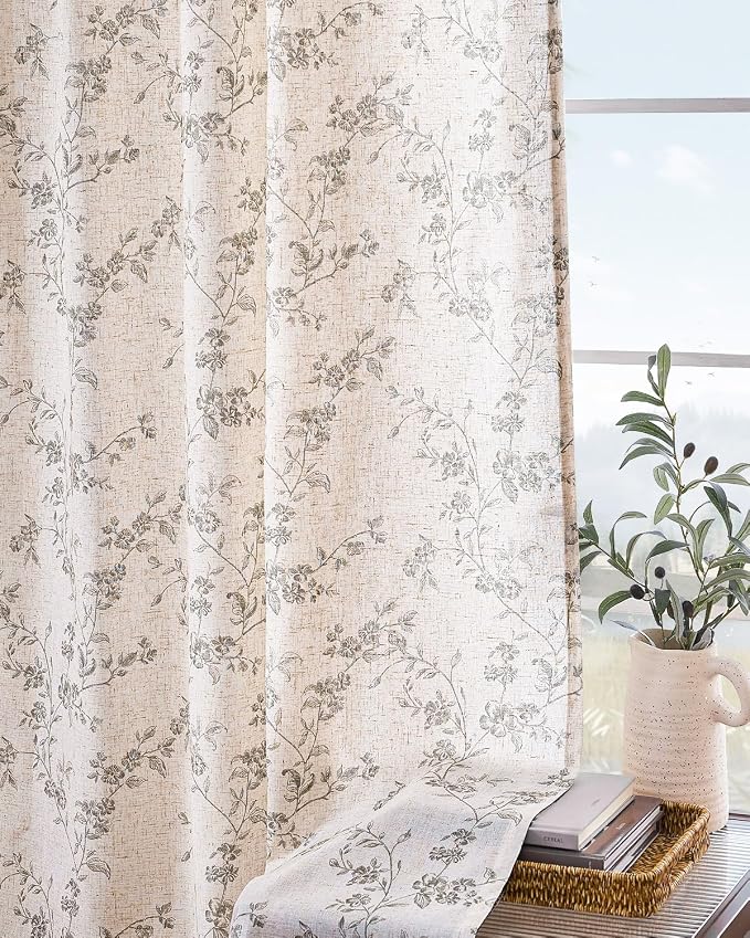 Grey Vintage Floral Linen Curtains Farmhouse 38W X 84L 2 Panels | Elisa Series - Image 8