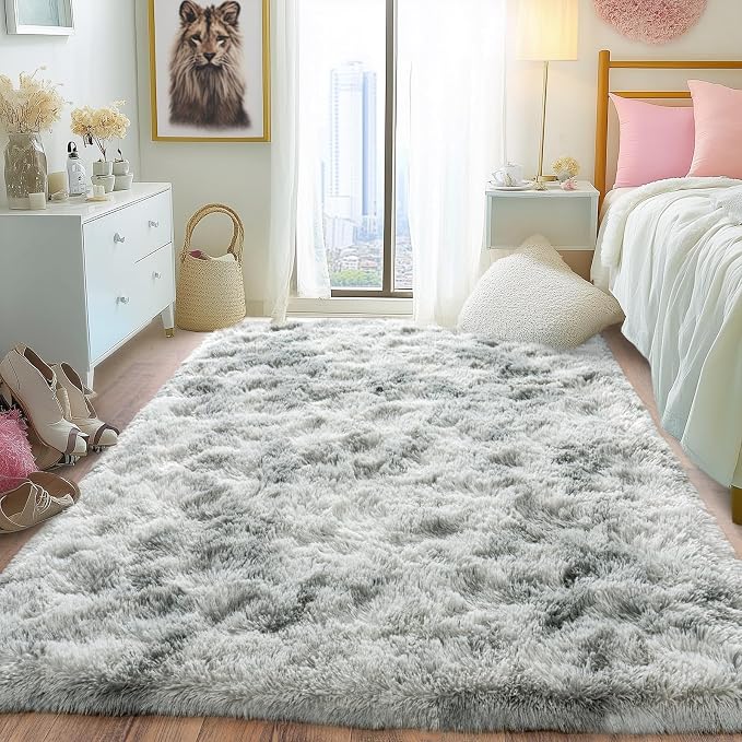 Fluffy Area Rug for Bedroom 4x6, Indoor Plush Carpet, Tie Dye Grey | Shag Soft - Image 8