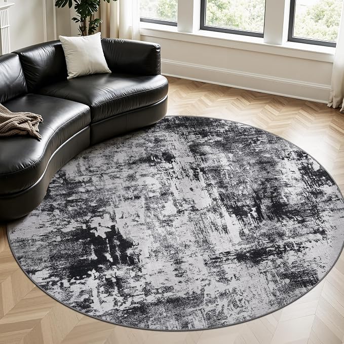 Rugflix Round Area Rugs 8Ft for Living Room, Washable Black Grey Circle Rug | by RugflixAreaRugs