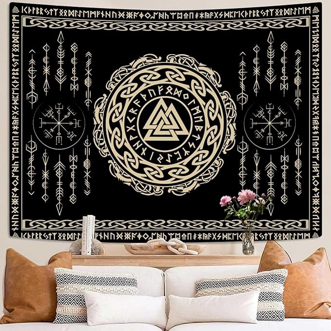 OSUNBD Nordic Viking Tapestry Wall Hanging - Small 60x40inches Soft Flannel with Valknut, Celtic Runes & Norse Mythology Scandinavian for Bedroom, Living Room Decor