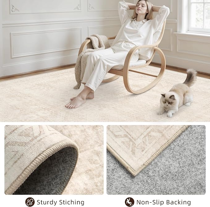 5x7 Area Rugs Living Room: Bedroom Neutral Washable Carpet Beige | Large - Image 4