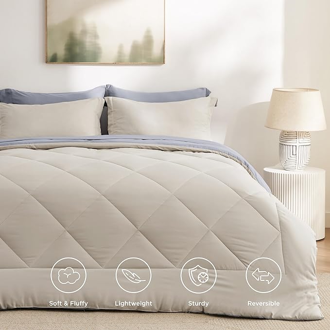 Bedsure Queen Comforter Set - 7 Pieces Reversible Beige Bedding, Queen Size Bed Set for All Seasons, Bed in a Bag with Down Alternative Comforter, Sheets, Pillowcases & Shams