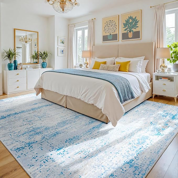 9x12 Washable Area Rug for Living Room Bedroom: Non-Slip Modern Light Blue | - Image 2