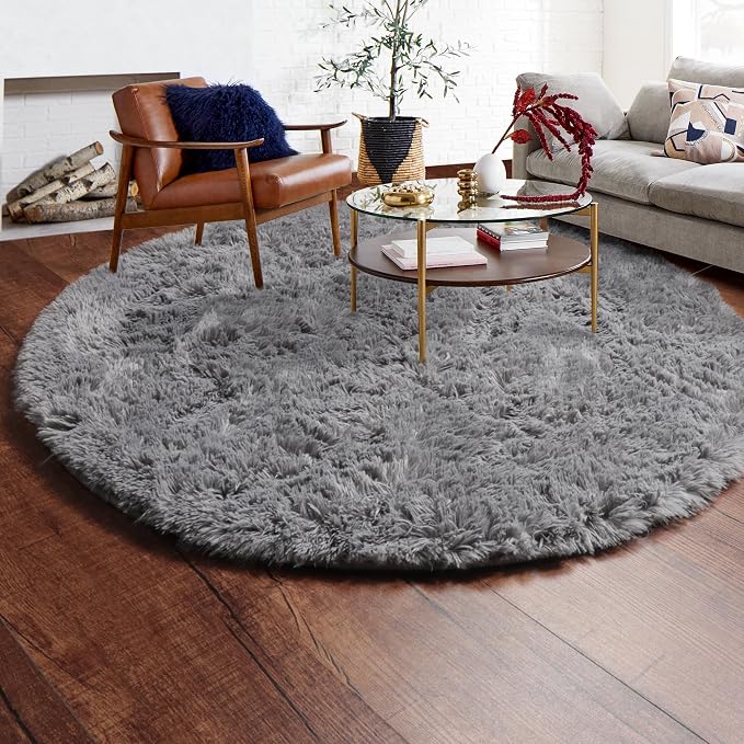Grey Round Area Rugs 5ft, Fluffy Plush Shaggy Carpet - Image 9