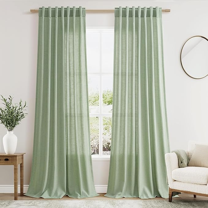 Mist Sage Linen Curtains 102 Inches Long Rod Pocket Back Tab Drapes 2 Panels Set by Nanspring