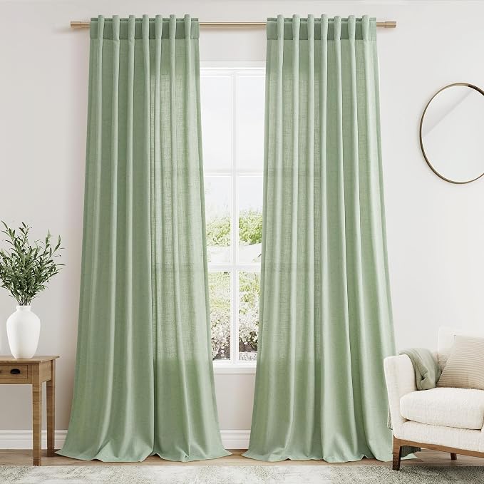 Mist Sage Linen Curtains Semi Sheer 96 Inches Long 2 Panels Set by Nanspring