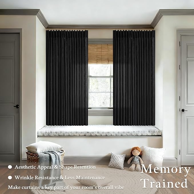 Black Pleated Linen Blend Semi Sheer Rustic Kitchen Curtains 63 Inch Long | - Image 2