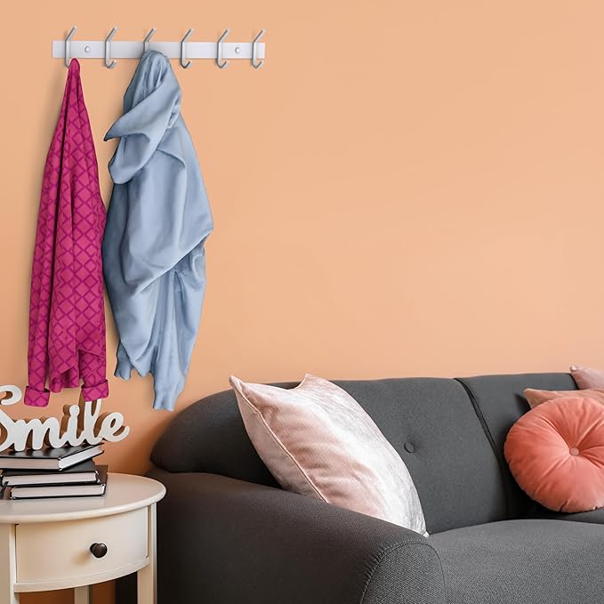 White Coat Rack Wall Mount – 17 Inch Stainless Steel Hook Rail with 6 Heavy Duty Double Coat Hooks – Wall Mounted Coat Hanger for Entryway, Bathroom, Bedroom, Towel, Hat Organizer - 2 Pack