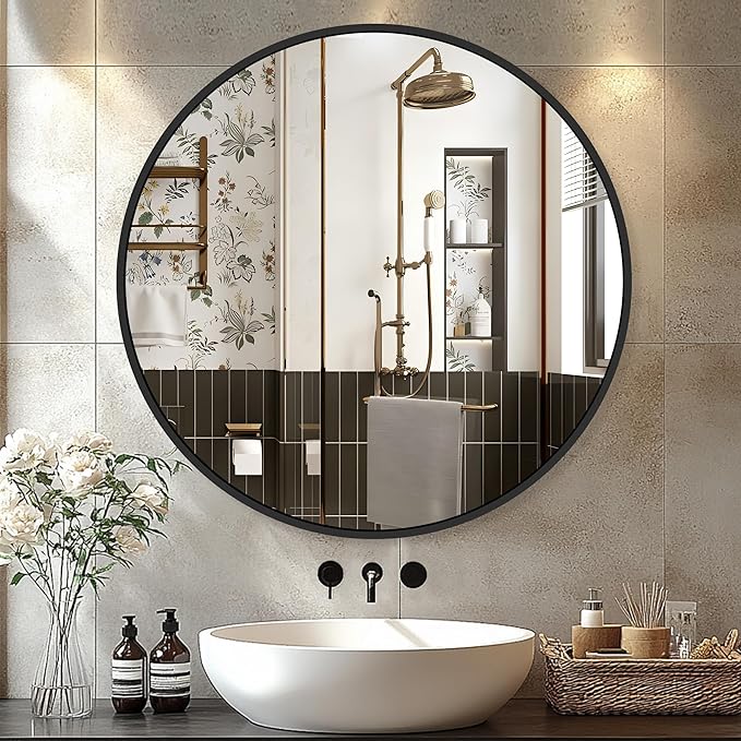 22 Inch Black Round Circle Mirror for Wall,Modern Bathroom Mirrors with Simple Metal Frame, Entryway, Bedroom Vanity, Living Room, Hallway Decor (Matte Black, Wall Mounted)