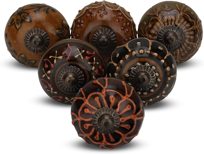 Dresser Knobs for Cabinets and Drawers Assorted, Dusty Ceramic Knob & Pull Handle for Kitchen Brown Cupboard Wardrobe Decorative Furniture Knobs - Pack of 6 (Dark Brown)