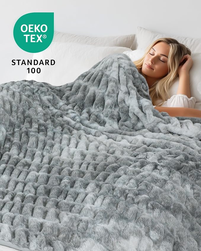 Ultra Soft Cozy Faux Fur Throw Blanket, Fuzzy Plush Thick Bubble Blanket - Image 2