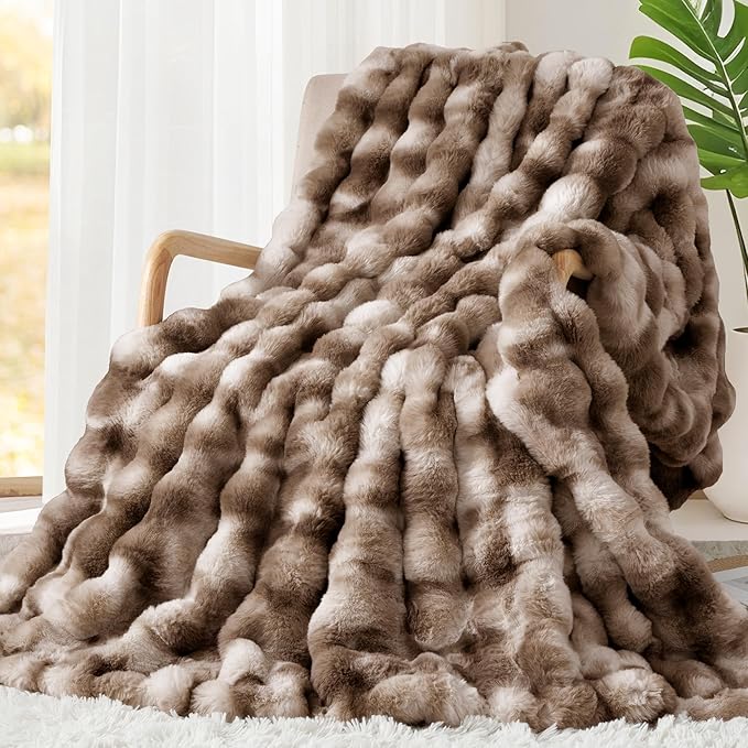 Luxury 1000GSM Faux Rabbit Fur Throw Blanket, Super Heavy Warm Cozy Brown by TOUCHAT