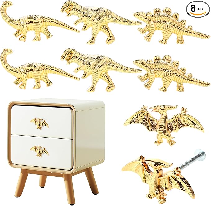 8 Pack Metal Dinosaur Knobs for Kids Furniture - 5 Dino Mix Gold Finish Drawer Pulls & Cabinet Handles, Scratch-Resistant (Assorted Styles)