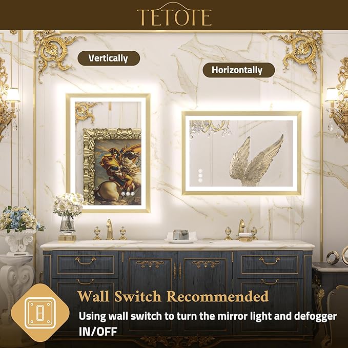 TETOTE Gold LED Bathroom Mirror with Lights 24x36 Frontlit & Backlit Vanity Framed Mirror Baroque Anti Fog Stepless Dimmable White/Warm/Natural,CRI90+,Waterproof,Wall Mounted(Horizontal/Vertical)