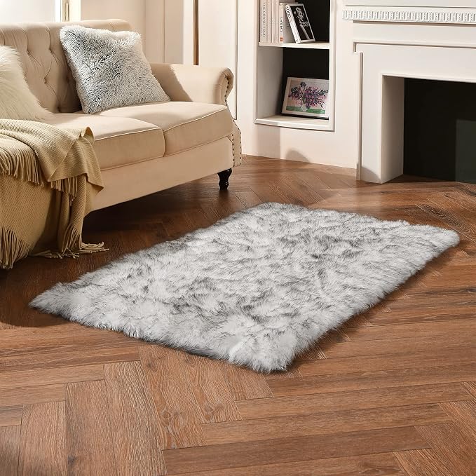 duduta White Black Faux Sheepskin Fur Rug 3x5 ft, Fluffy Carpet Rug | Shag - Image 6