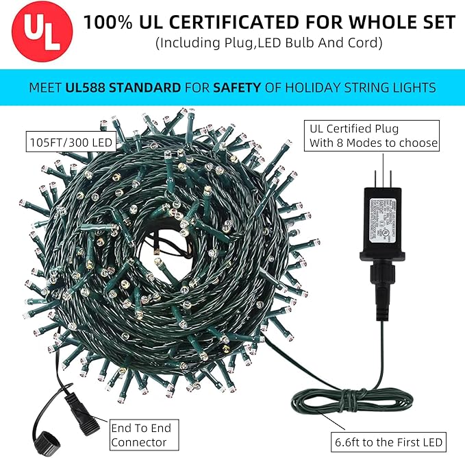 105FT 300LEDs Christmas Lights Outdoor Indoor String Lights 8 Modes Memory Function for Christmas Tree Party Decoration, UL Listed (4 Sets CONNECTABLE) White