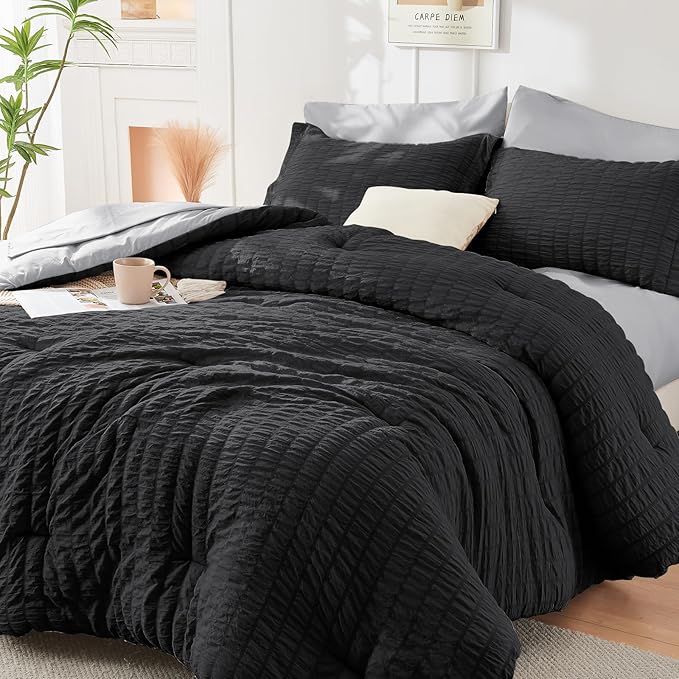 HYMOKEGE Black/Light Grey Twin Comforter Set Seersucker 5 Pieces, All Season Luxury Bed in a Bag for Bedroom, Bedding Set with Comforter, Sheets, Pillowcase & Sham
