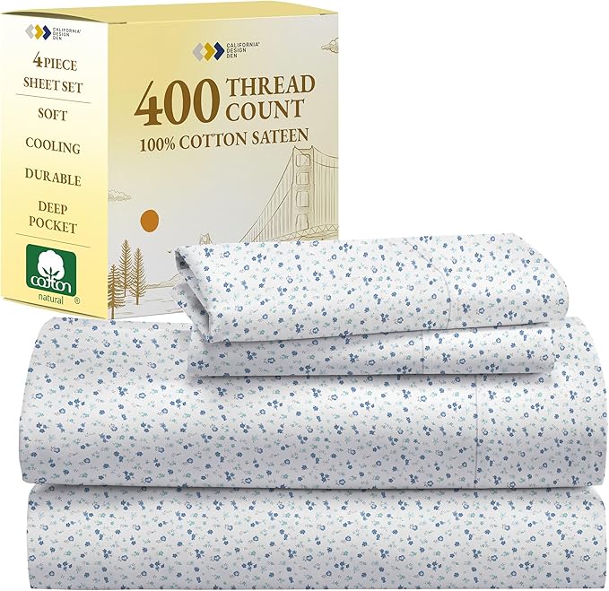 California Design Den Floral Printed Queen Sheet Set - Luxury 400 Thread Count Sateen, Natural 100% Cotton Sheets, Deep Pockets, Cooling and Durable Bedding Set - Blooming Meadows