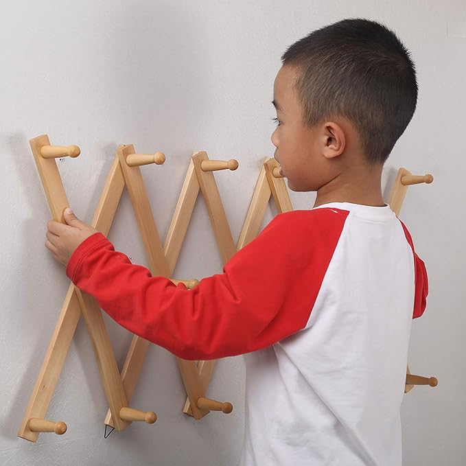 WEBI Accordion Wall Hanger,Expandable Wooden Hat Rack for Wall Mounted Coat Rack,Accordion Hat Hooks Holder for Baseball Caps,17 Peg,Natural,2 Packs