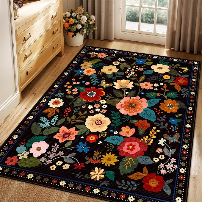 RELEANY Floral Washable 3x5 Area Rugs Black | Flower Carpet Print Boho Cute Non - Image 9