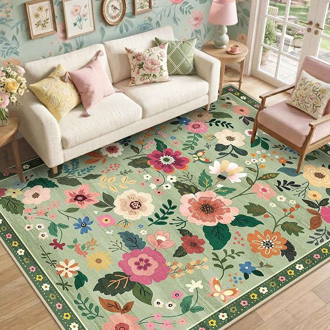 RELEANY Floral Washable 6x9 Area Rugs LightGreen | Flower Carpet Print Boho by RELEANY