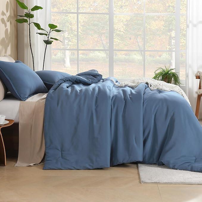 Litanika Haze Blue Comforter Full Size Set, 3 Pieces Lightweight Solid Bedding Comforter Set, All Season Fluffy Bed Set