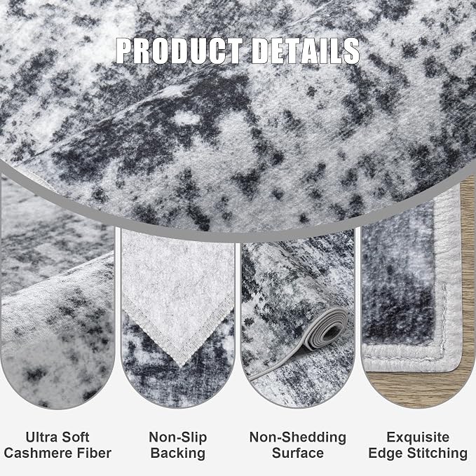 2.6x10 Washable Runner Rug:Modern Abstract Soft Carpet Dark Black | - Image 3