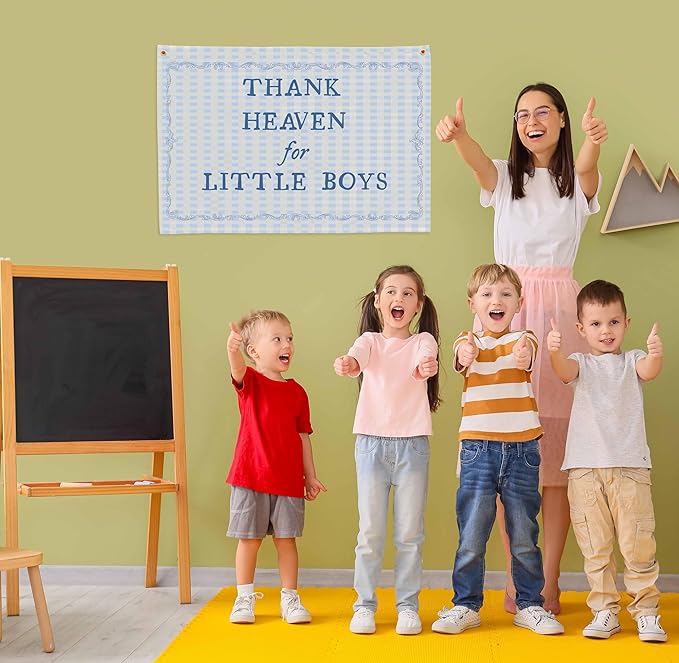 Christian Bible Verse Scripture Rectangular Banner Flag Wall Sign Decor Gift for Baby Boy-Nursery Baby Room Bedroom Decor-Baby,Shower Birthday Christmas Gift-Thank Heaven for Little Boys