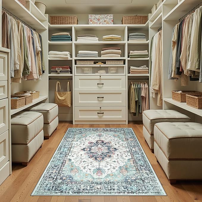 RELEANY Washable Area Rug, Teal Green/White/Navy | Non-Slip, Water Repellent - Image 4