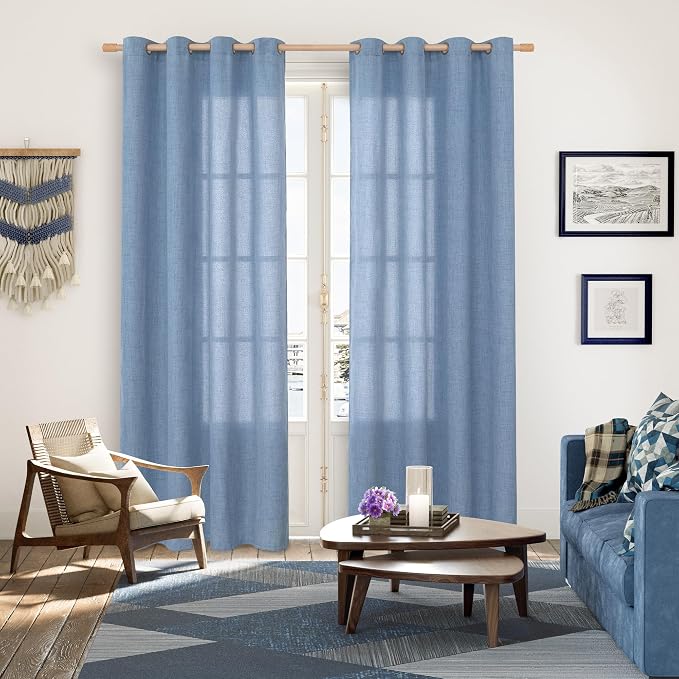 YoungsTex Denim Blue Linen Semi Sheer Curtains 80 Inch Length - Image 2