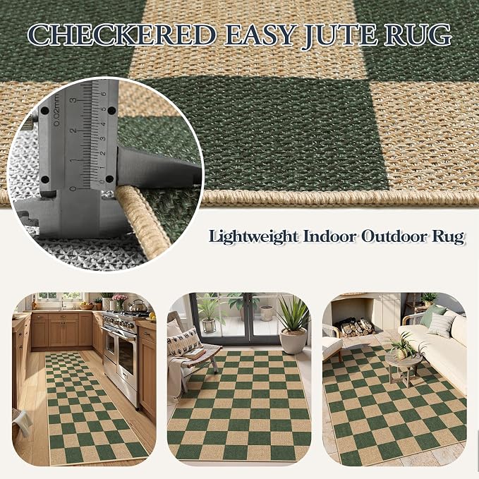 Lahome Checkered Easy Jute Kitchen Runner Rug, 2x8 Outdoor Rugs Washable | - Image 5