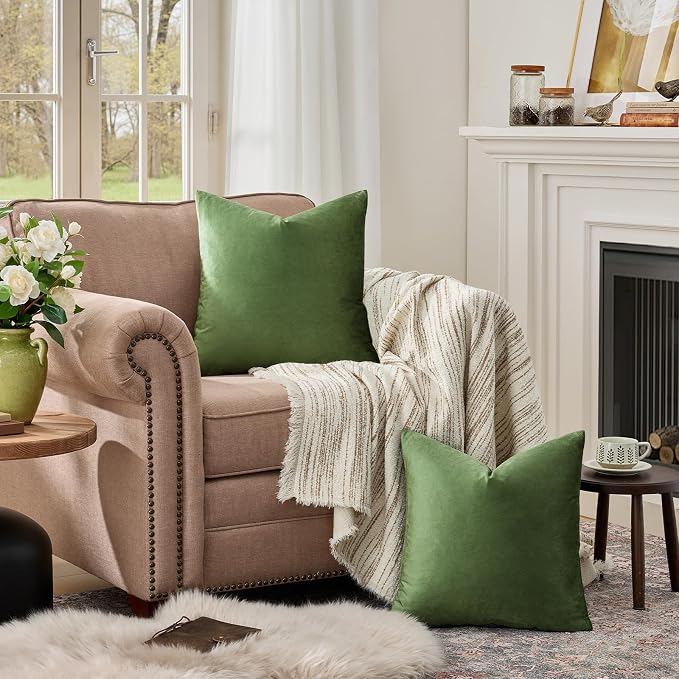 GIGIZAZA Olive Green Velvet Throw Pillow Covers 20x20 Pack of 2 | Decorative - Image 3