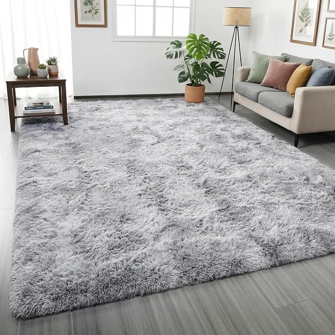 Light Grey Shaggy Abstract Area Rug 6x9 Feet, Plush Fluffy Rugs - Image 5