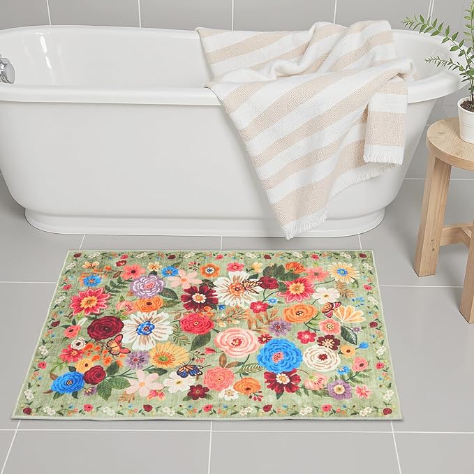 Green Floral Entry Rug Small Door Mat 24x17 Inch - Image 5