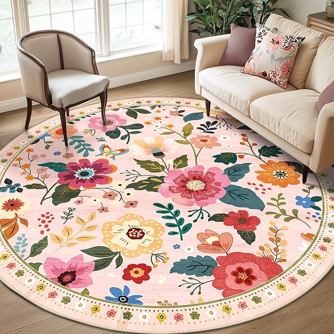 RELEANY Floral Washable Round 8ft Area Rug Pink | Flower Carpet Print Boho Cute by RELEANY