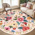 RELEANY Floral Washable Round 8ft Area Rug Pink | Flower Carpet Print Boho Cute by RELEANY