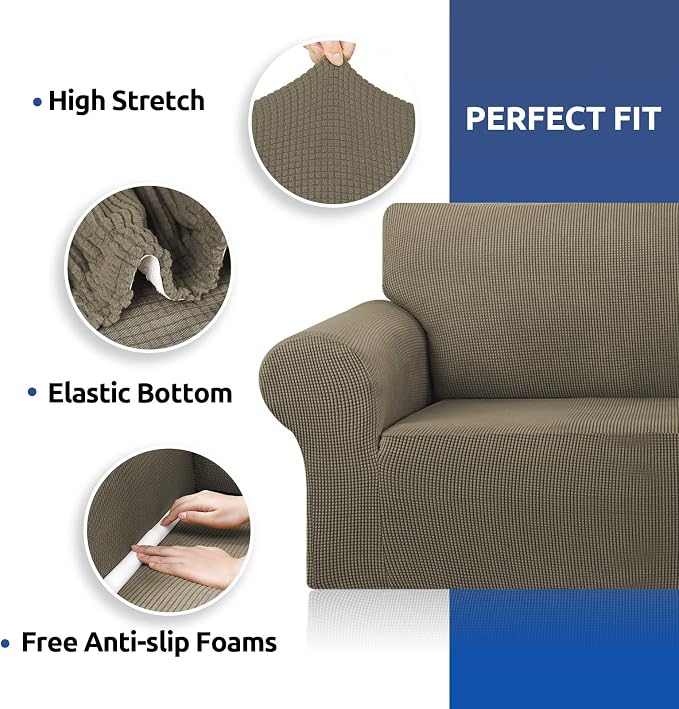 Stretch Couch Covers for Sofa, 3 Cushion Couch Slipcover, Khaki | 1-Piece - Image 6