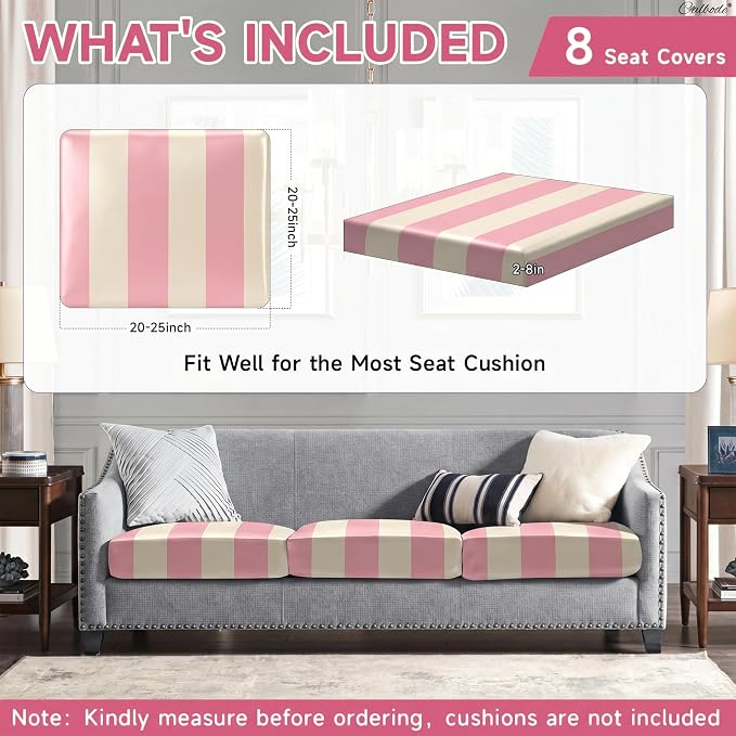 CALBODE 8 Pcs Stretch Outdoor Seat Cushion Covers, Washable Striped Chair Seat - Image 2