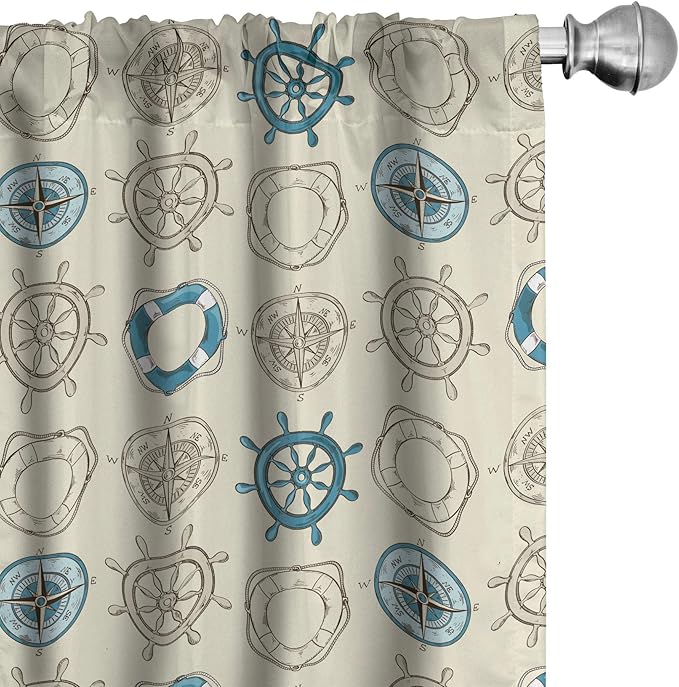 Ambesonne Compass Window Curtains, Marine Themed Doodle Art Vintage Inspirations Traveling Exploration Cruise Pattern, Lightweight Decor 2-Panel Set with Rod Pocket, Pair of - 28" x 63", Beige Teal