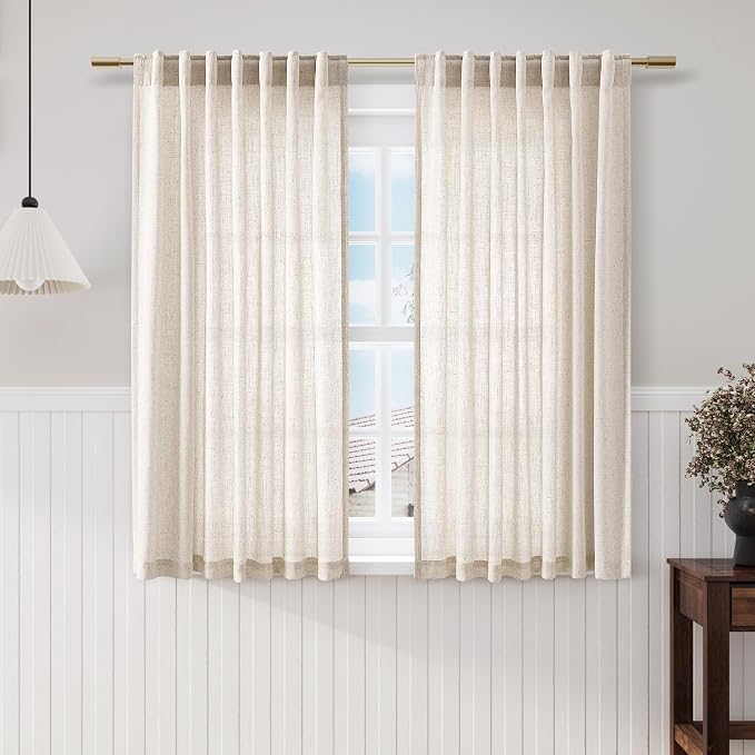 Beige Linen Sheer Curtains 54 Inch Length 2 Panel Set Back Tab Pocket Semi by Nanspring