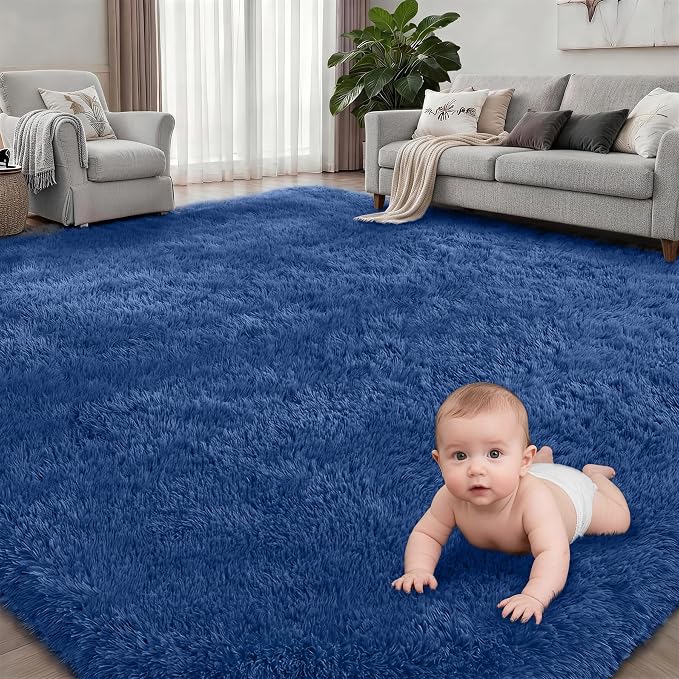 Area Rug Living Room Bedroom: 4x6 Fluffy Plush Shag Carpet Blue | - Image 2