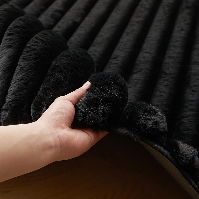 Black Rabbit Striped Plush Rug 3'x5', Fluffy Faux Fur Shaggy Area Rug - Image 4