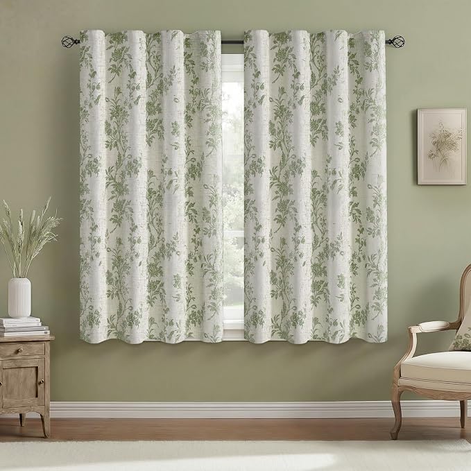 Sage Green Boho Floral 100% Blackout Curtains 63 Inch 2 Panels | Farmhouse by Unknown