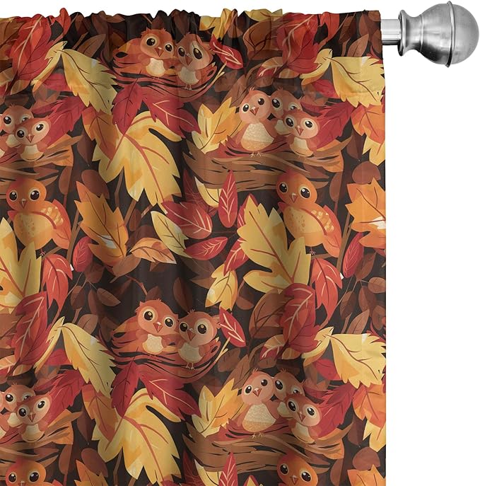 Ambesonne Fall Curtains, Happy Autumnal Colors with Birds in Nests Cartoon Illustration Print, Window Treatments 2 Panel Set for Living Room Bedroom, Pair of - 28" x 95", Cinnamon Amber and Orange