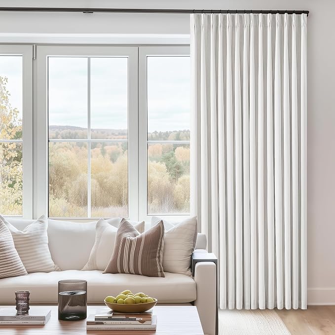 100% Blackout Pinch Pleated Linen 84 Inch Curtains 2 Panels Beige White | 2 - Image 7