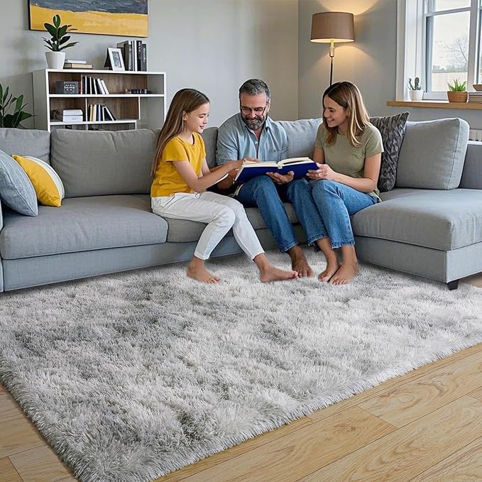 Fluffy Area Rug for Bedroom 4x6, Indoor Plush Carpet, Tie Dye Grey | Shag Soft - Image 2