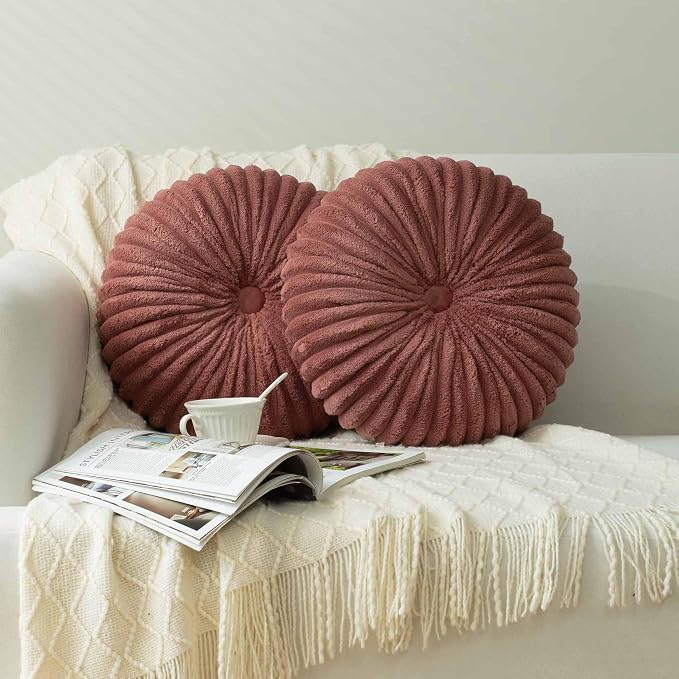 HIG Set of 2 Dusty Rose Flannel Decorative Round Pleated Throw Pillows | by HIG