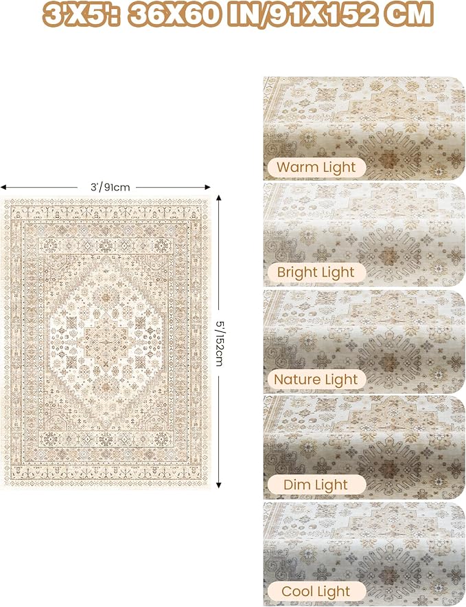 3x5 Washable Area Rug for Entryway Non Slip Rugs, Cream/Beige | Vintage Kitchen - Image 2